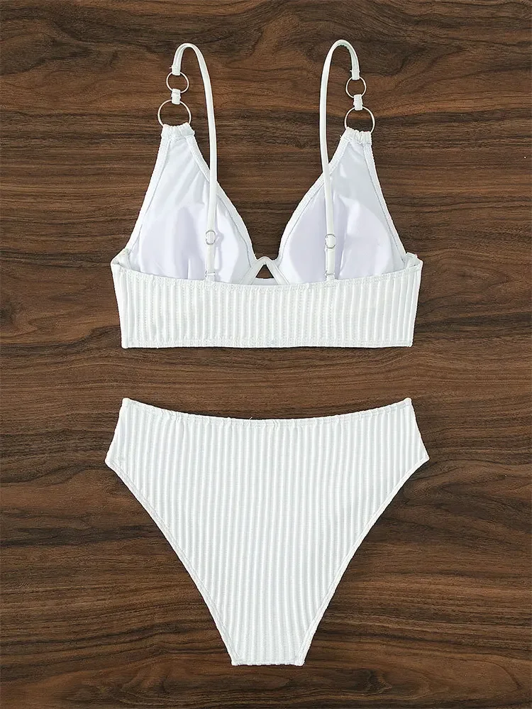 Bañador acanalado de cintura alta para mujer, conjunto de Bikini con Push-Up, traje de baño femenino, ropa de playa para verano, 2023