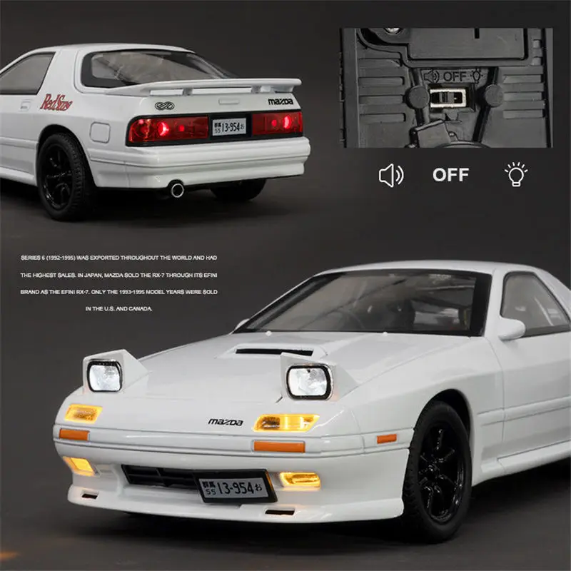 Mazda-金属製のレーシングカーとファン,合金モデルrx7,スケール1:24,光とシミュレーション,子供のおもちゃ,ギフト