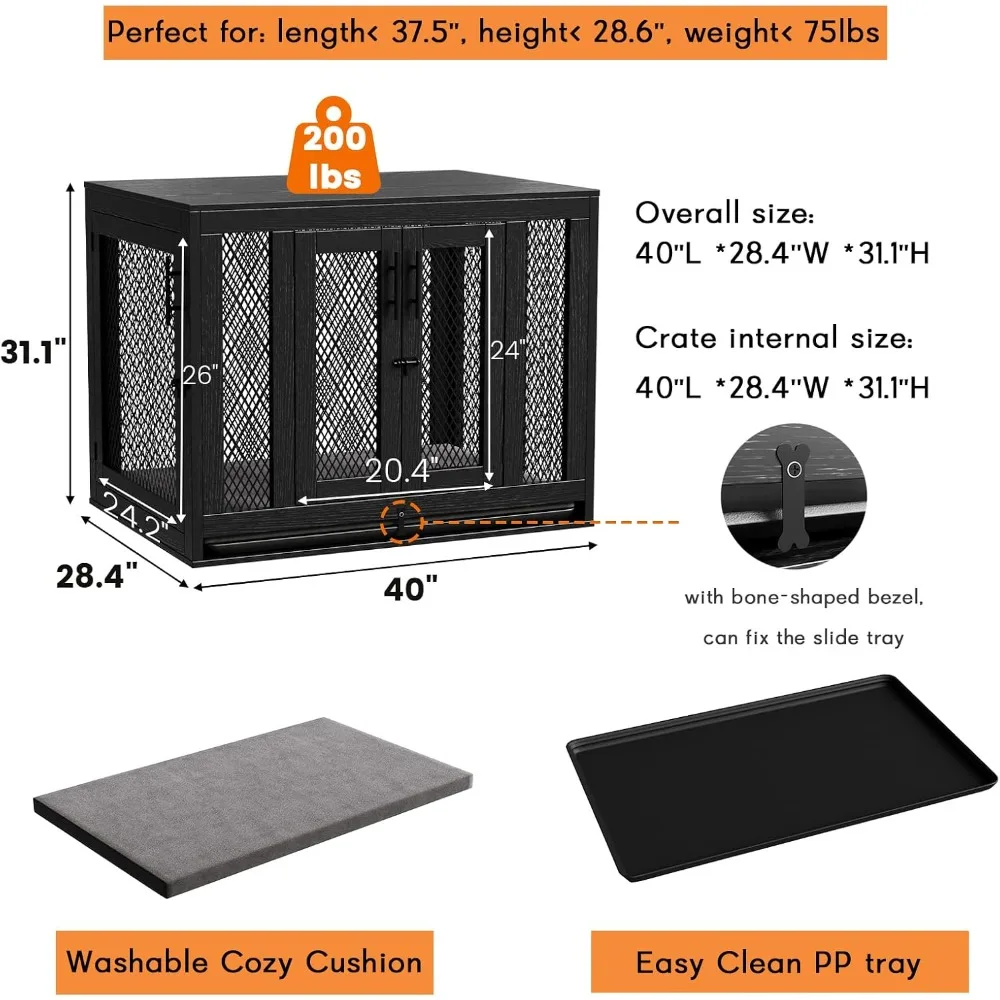 Dog Crate with Tray and Cushion, Double Doors Wooden Dog Kennel End Table, Decorative Pet Crate House Cage Indoor