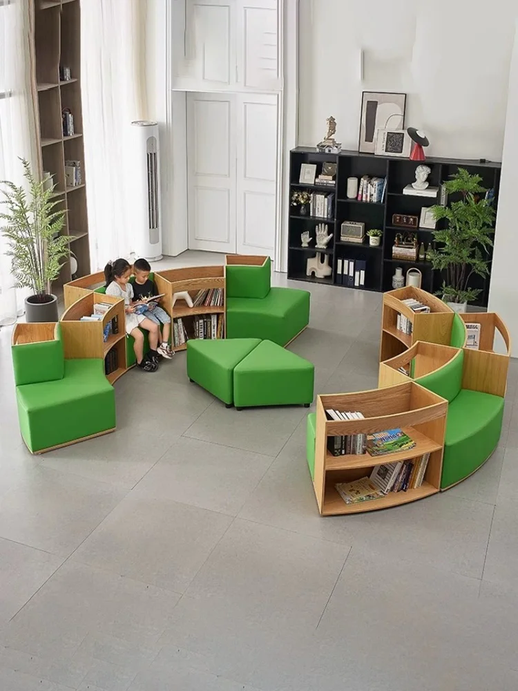 Library bookshelf receives solid wood sofa reading public leisure picture book hall storage school