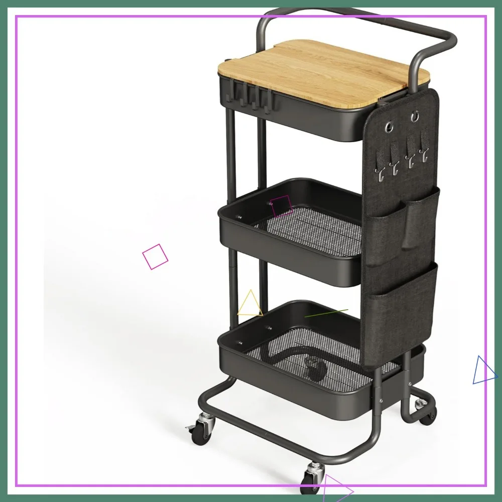 

3-уровневая тележка на колесиках со столешницей и боковыми сумками, мобильный органайзер для хранения для кухни, ванной комнаты, офиса, гостиной