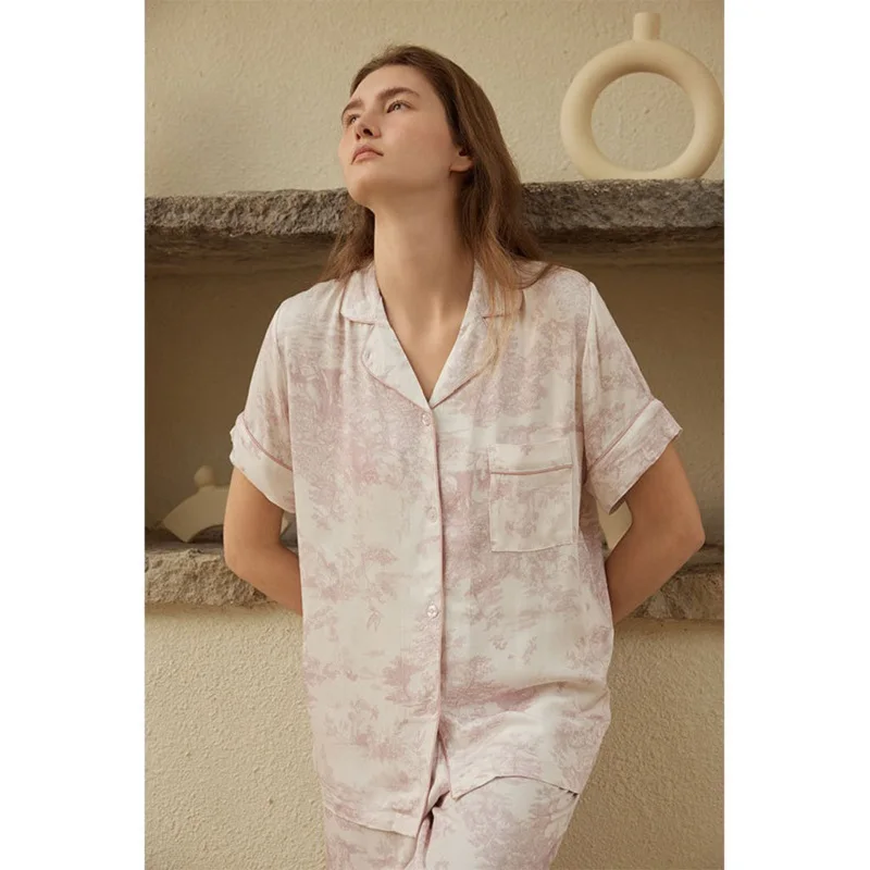 

Fashion Viscose Rose Print Short Sleeve Women's Pajama Sets Casual Long Pants Sleepwear Soft Comfortable Nightwear