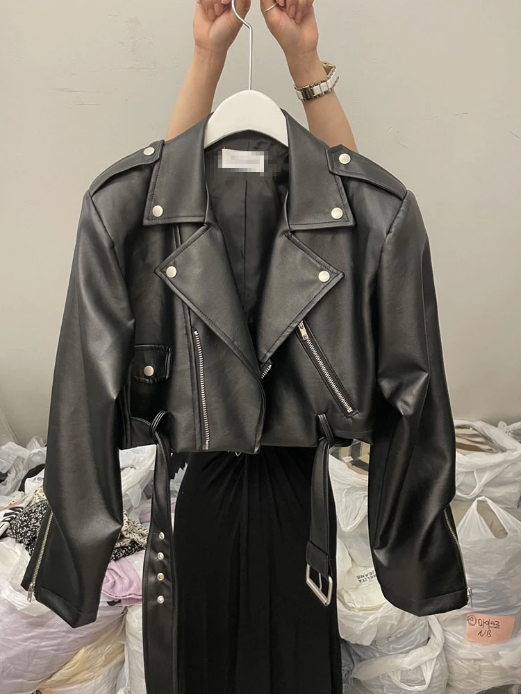 Turn-down Collar Zipper Motorcycle Leather Coat With PU Belt Spring Autumn New Fashionable Small Short Y2K Style Jacket