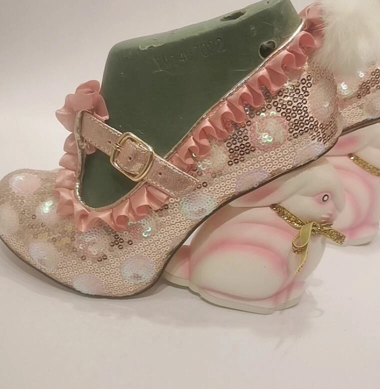Sweet Pink Sequins Flower Cute Rabbit Heels Pumps Woman Back Fur Ball T-Straps Ruffles Round Toe Animal Heel Wedding Shoes