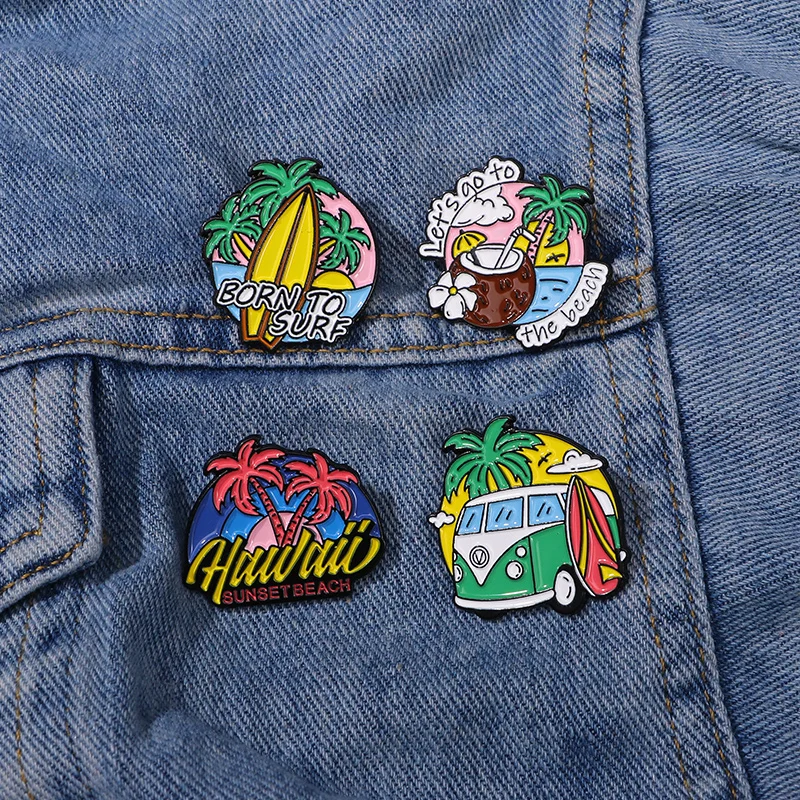 4Pcs/Set Colorful Beach Collection Pins Born To Surf Hawaii Coconut Tree Seabeach Enamel Brooches Summer Jewelry