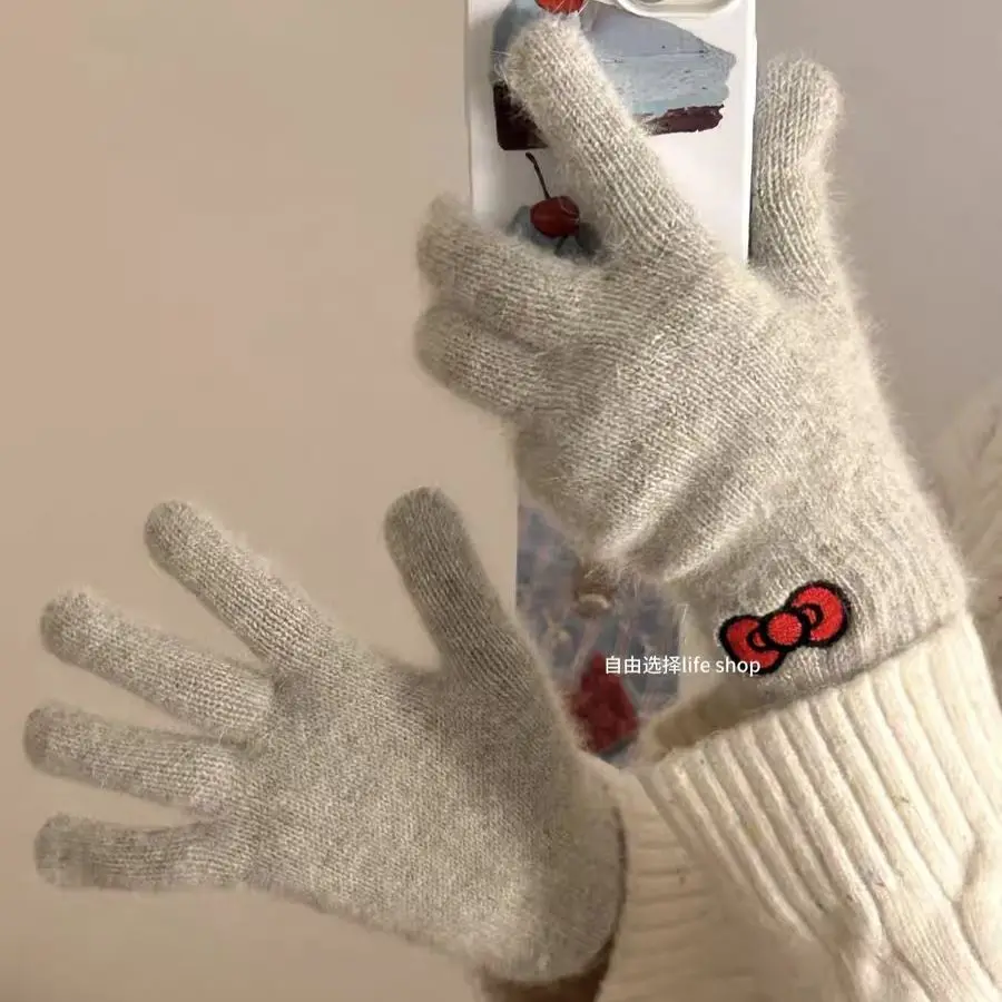 

Hello Kitty Miniso Gloves Bow Embroidery Knitting Plush Finger Gloves Autumn Winter New Thickening Keep Warm Versatile Glove