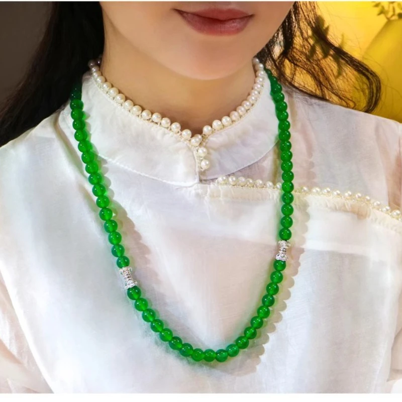 Genuine Myanmar Jadeite Green Jade Beaded Necklace Women Fine Jewelry High Ice Grade Aburma Jade Round Beads Mom Chain Necklaces