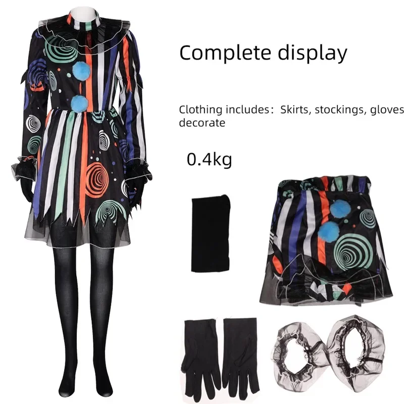 Disfraz de payaso de Halloween para adultos, vestido de fantasía, uniforme, medias, guante, accesorios para niños y niñas, disfraces de fiesta de Halloween