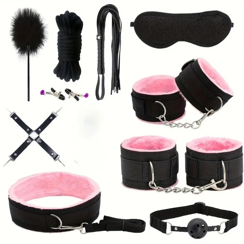 Soft Plush 11pcs Couple Bed Restraint Set,Comfortable Bondage Kit with Handcuffs Ankle Cuffs Collar Eye Mask
