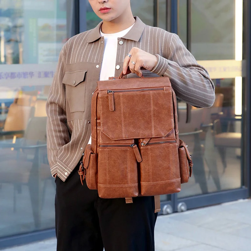 حقيبة ظهر رجالية راقية من جلد البولي يوريثان حقيبة ظهر ريترو ذات سعة كبيرة حقيبة سفر خارجية 2026 حقيبة كمبيوتر محمول للأعمال