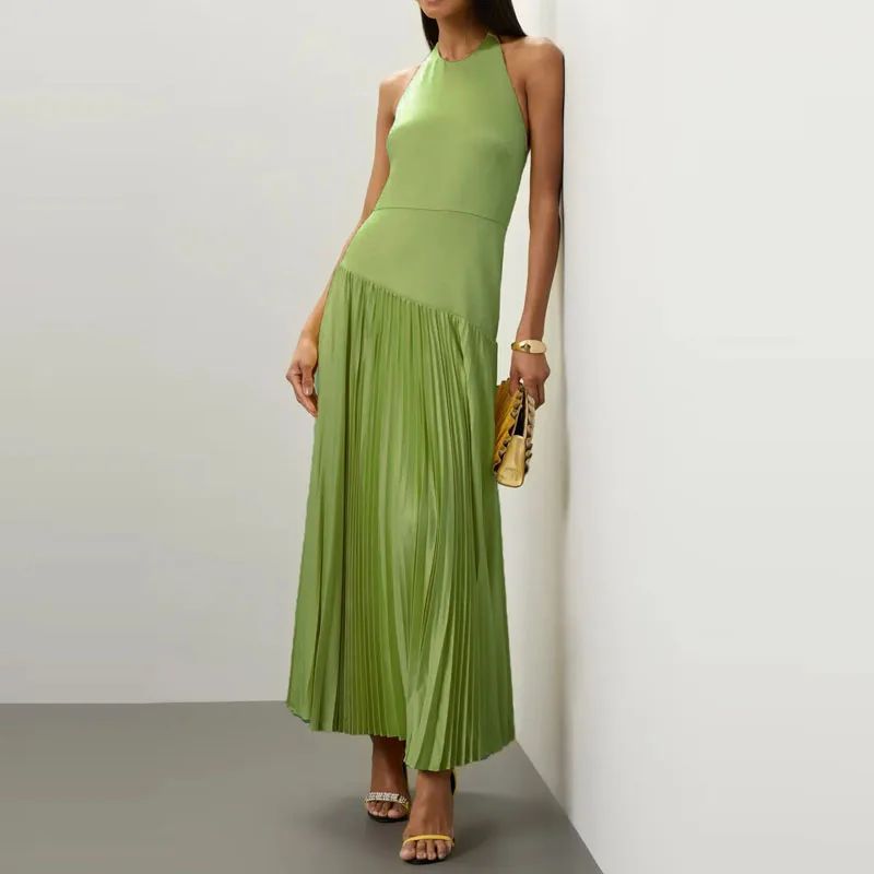 섹시한 홀터 슬리브리스 홀로우 아웃 플리츠 드레스 우아한 새틴 스플라이스 이브닝 드레스 패션 솔리드 컬러 슬림 빅 헴 롱 드레스