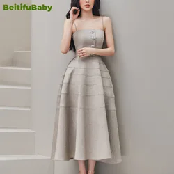 BeitifuBaby Elegant Lady Women's Evening Dresses Fashion Waist Slim Sling Rhinestone A-line Mid Length Dress Vestidos Elegantes