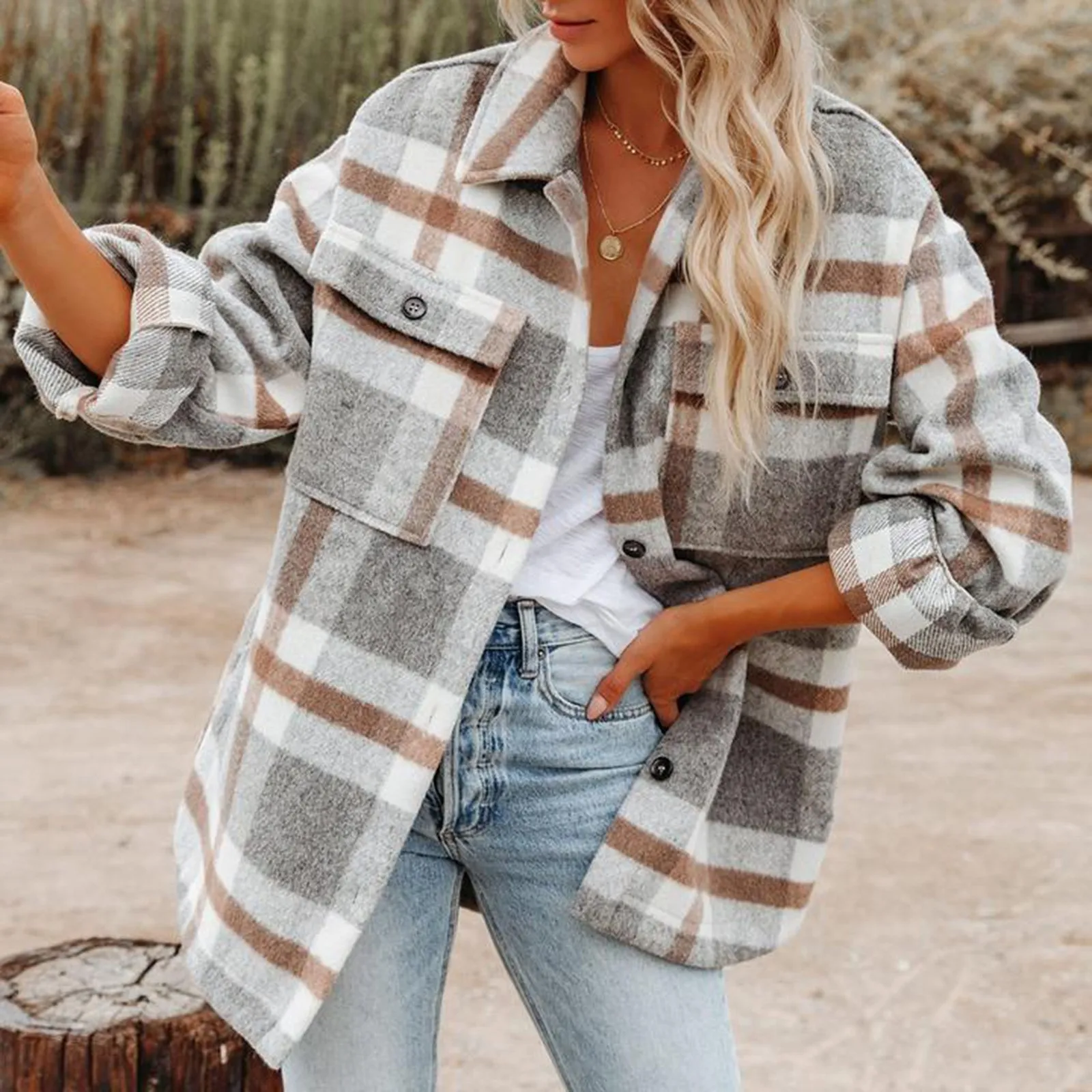 Women Plaid Shacket Jacket Lapel Long Sleeve Button Down Flannel Shirts Coat Double Pocket Design Loose Fall Clothes 2023