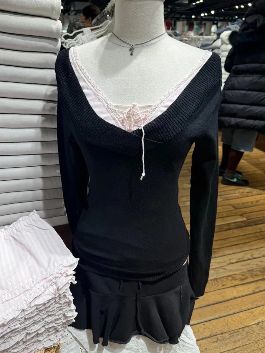 

Черный свитер с V-образным вырезом для женщин, весенняя уличная одежда, облегающие трикотажные футболки с длинным рукавом, винтажные простые серые свитера, футболки в стиле Y2K