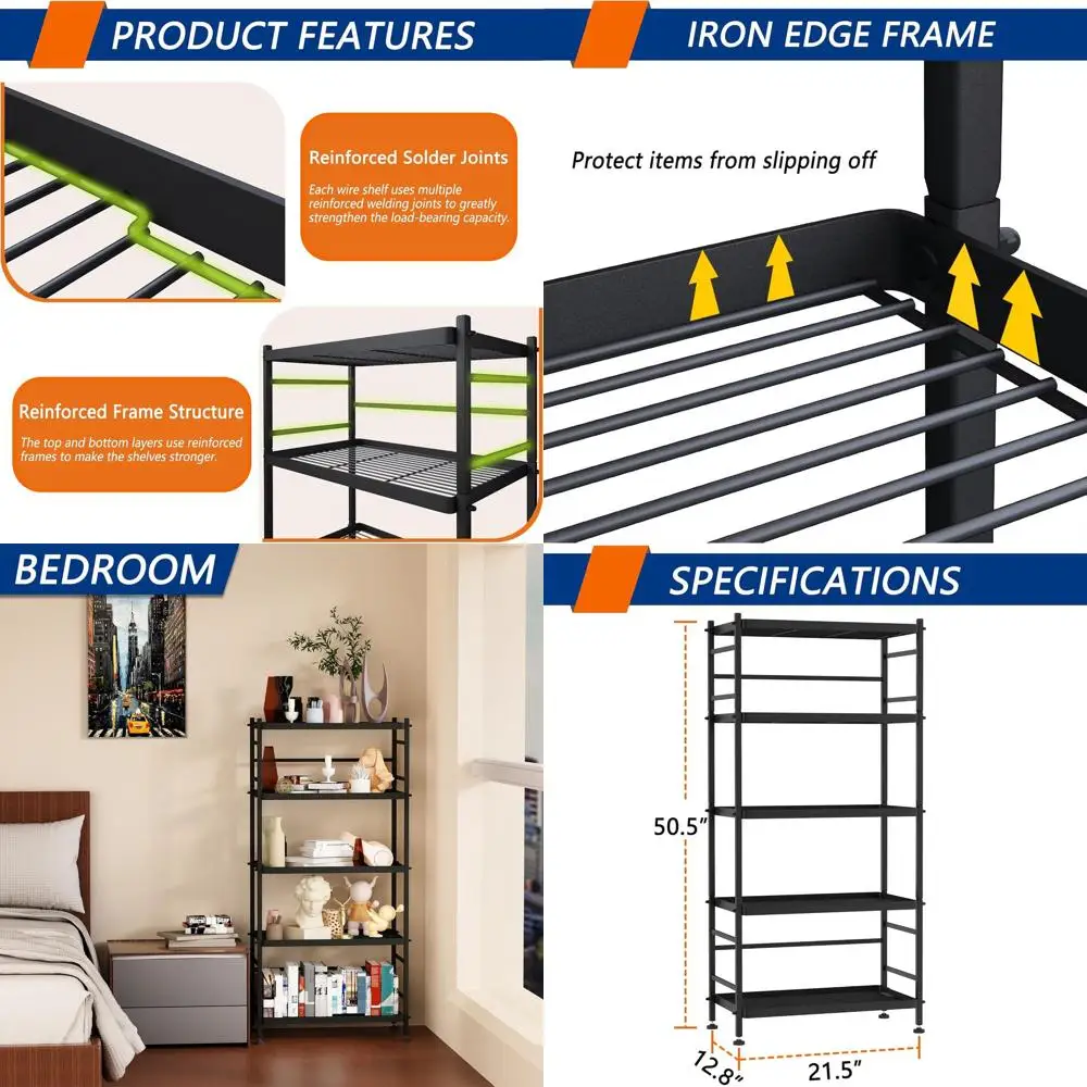 

5-Tier Metal Storage Rack, Black, 21.5L x 12.8W x 50.5H for Kitchen, Laundry, and Pantry