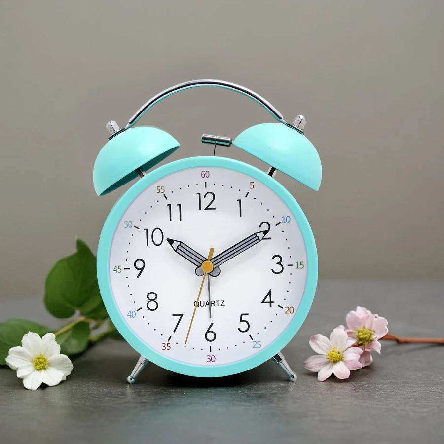 1pc 4.3-inch New Macaron Color Matching Dual Bell Alarm Clock; Metal Material+Fun Hands Paired with Creative Digital Clock Face