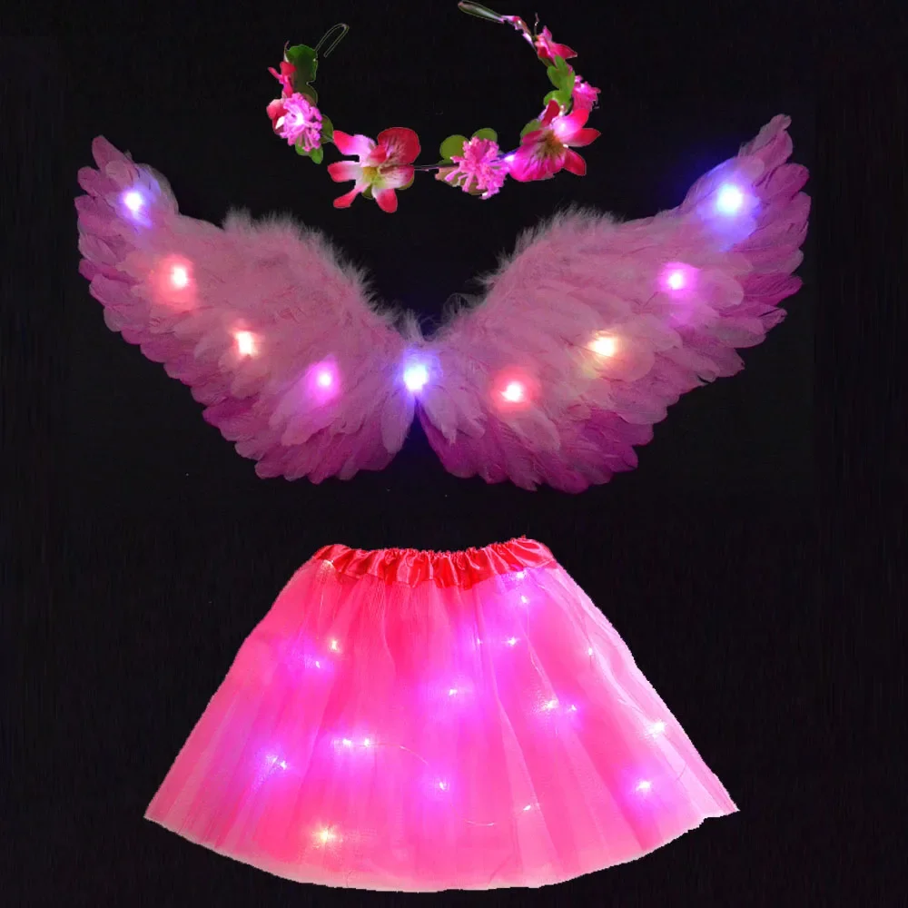 

Костюм цветочной феи для девочек и женщин, легкая пачка, светодиодная юбка, венок, крыло ангела с перьями, Halo, светящиеся товары для дня рождения