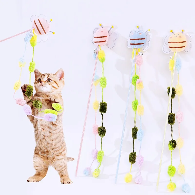 

Cat Toy Plush Ball Tassel Cats Teaser Stick Long Handle Cat Interactive Toys Kitten Training Wool Ball Tassel Cats Toy with Bell