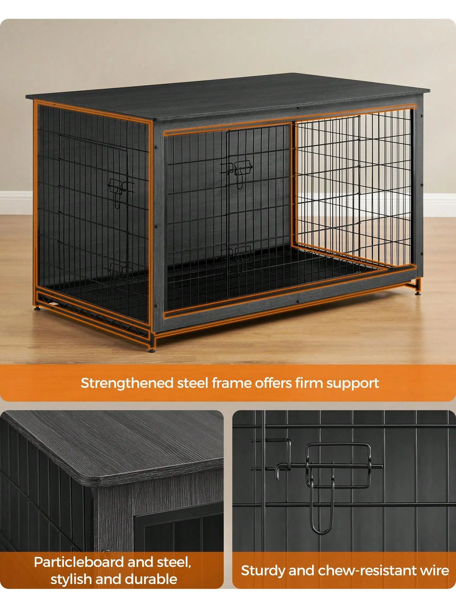 Feandrea Dog Crate Furniture, Modern Kennel For Dogs Indoor Up To 105 Lb, Heavy-Duty Dog Cage With Multi-Purpose Removable Tr