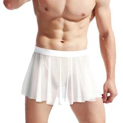 Cuecas de malha ultra fina para homens, calcinha erótica, cuecas sensuais maricas, lingerie para ver através, saia curta plissada, sólida