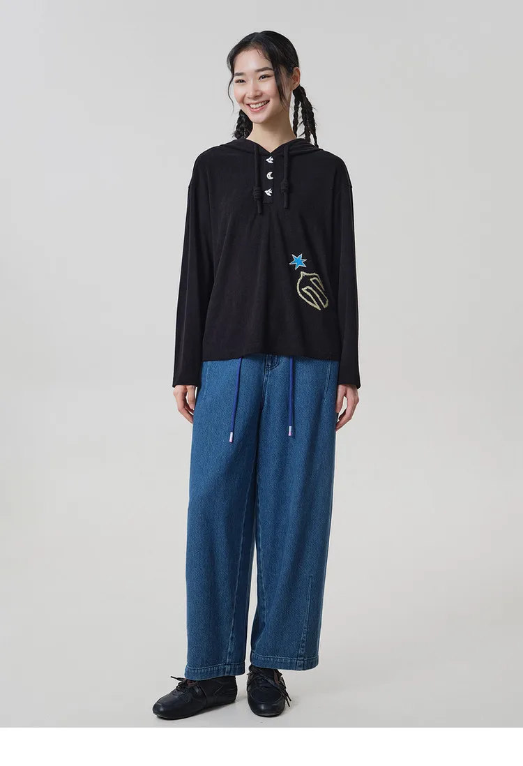 MOVEUP Hooded Drawstring Pullover 2026 Autumn Bird‑Shaped Buttons Embroidery Sweatshirts Loose Long Sleeve Casual Top 3ELQ10567