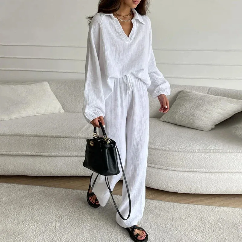 Elegant Women Casual Loose Outfit Women Long Sleeve Top Drawstring Trousers Suit Fall Lapels Two-Piece Set