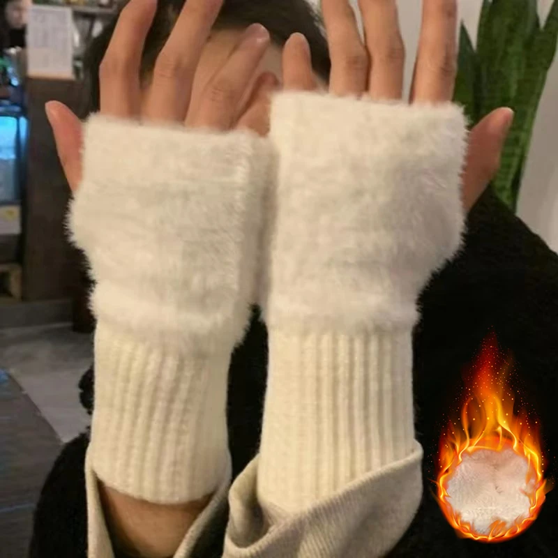 Retro Nerz Fleece weichen Winter Halb finger Handschuhe Frauen warme einfarbige Plüsch gestrickte finger lose Handschuhe Handgelenk handschuhe schreiben