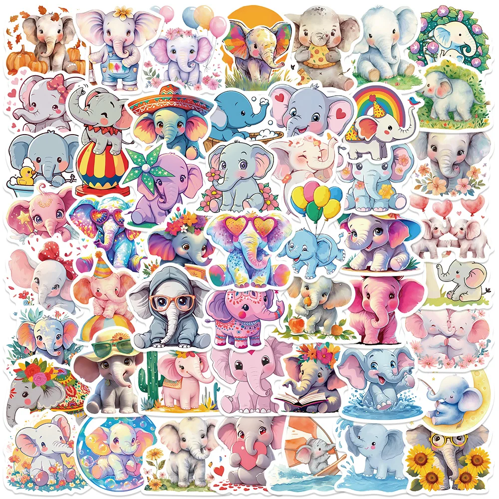 

50pcs Cute Cartoon Animal Colorful Elephant Stickers For Luggage Laptop Guitar Phone Skateboard Waterproof Graffiti Vinyl Decals