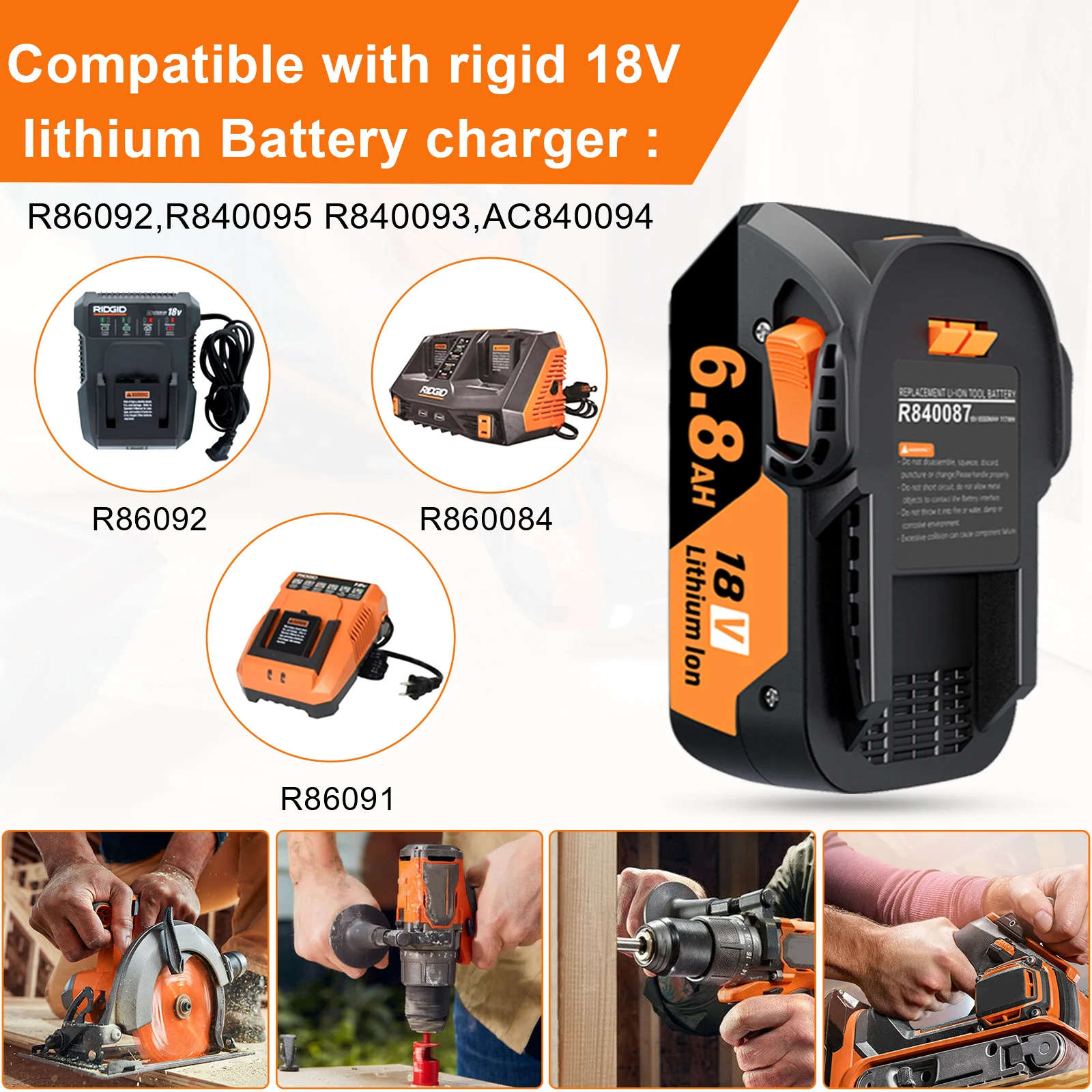 Akumulator 18V do narzędzi akumulatorowych RIDGID 6.8Ah Li-ion, kompatybilny z AEG R840087 R840085 L1815R L1850R L1830R R840083. — zdjęcie produktu 4