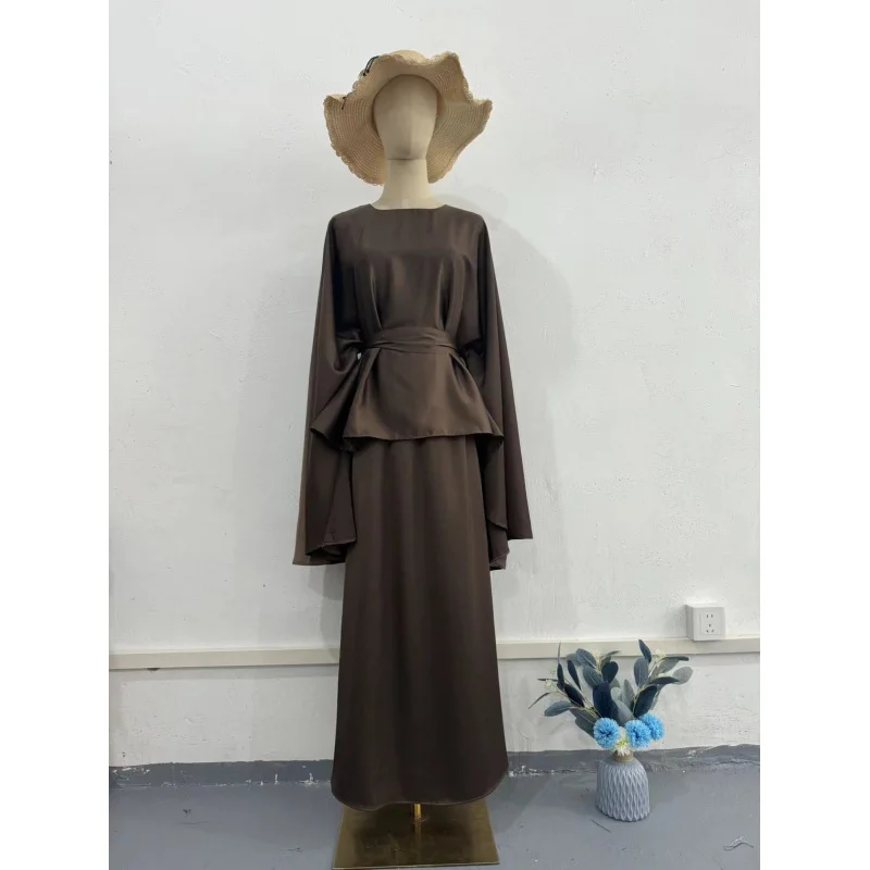 Nuevo vestido de manga larga con cuello redondo de primavera, conjunto de satén drapeado con lazo en la cintura y manga de murciélago