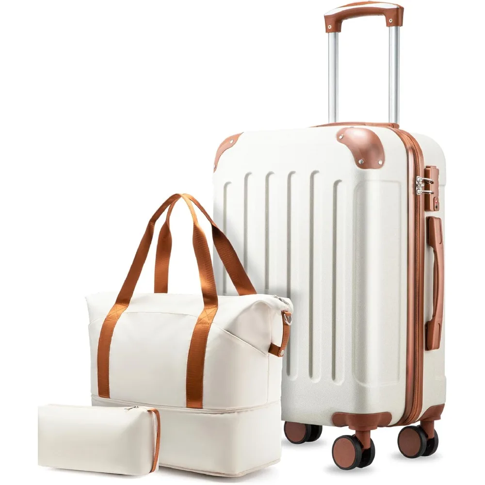 

22x14x9 hand luggage, hard suitcase with wheels, TSA approved, handbag, white brown