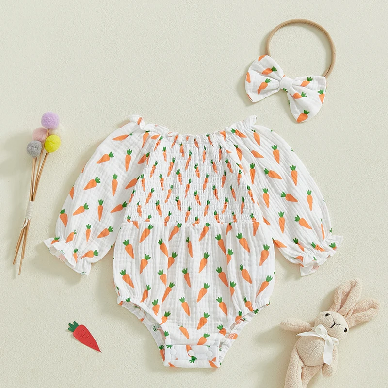 FOCUSNORM 2pcs Lovely Baby Girls Easter Romper Sets 0-24M Carrot Print Long Sleeve Ruffles Elastic Smocked Jumpsuit Bow Headband