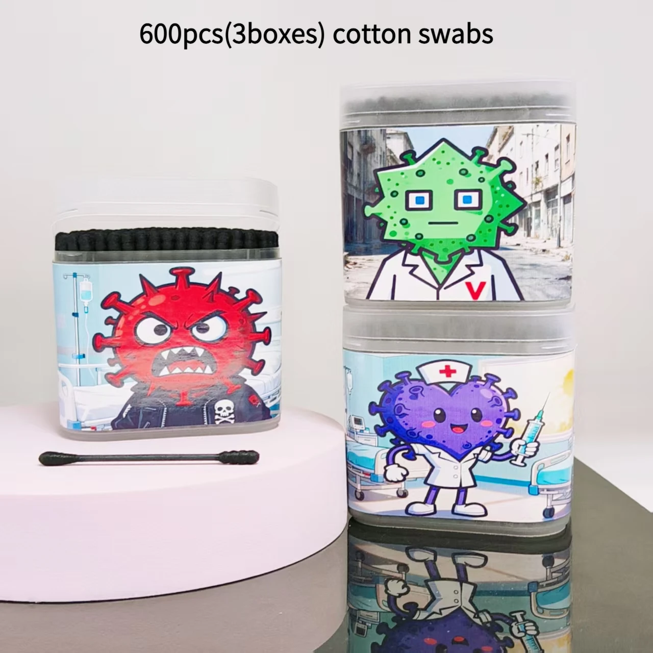 600 Uds (3 cajas) hisopo de algodón con patrón de tema de virus médico hisopo de algodón de doble cabeza negro hisopo de algodón de regalo de vida