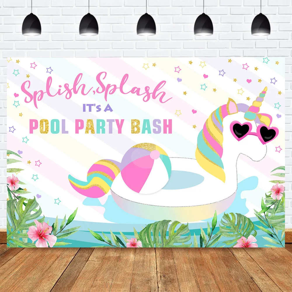 Mocsicka CUSTOM Splish Splash It's A Pool Party Bash Birthday Photography Background Unicorn Swimming Ring Decoration Backdrop