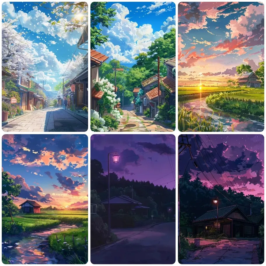 

DIY Country Anime Landscape Jigsaw Puzzle, Cherry Blossom Street Rice Field Sunset Purple Night Sky Style Wall Decor