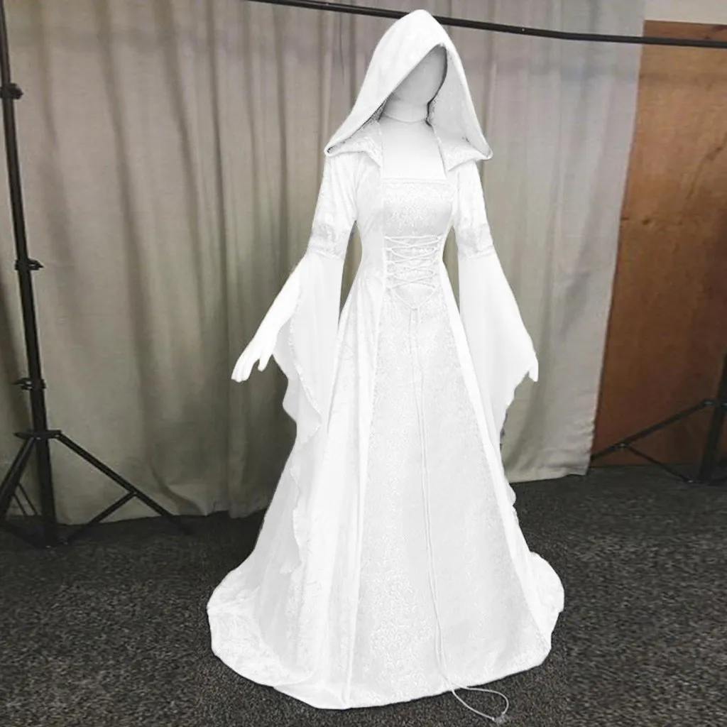 Medievale rinascimentale Maxi treno vestito donne Halloween diavolo Pagan strega Costume da sposa abito con cappuccio Robe Costume Cosplay