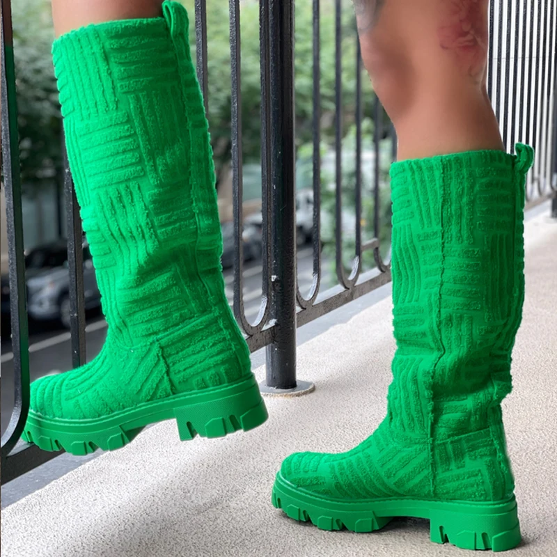 Chic Women Long Boots Brand Design Terry Cloth Knee-high Booties Ladies Thick Sole Pink Green Botas Tone To Tone