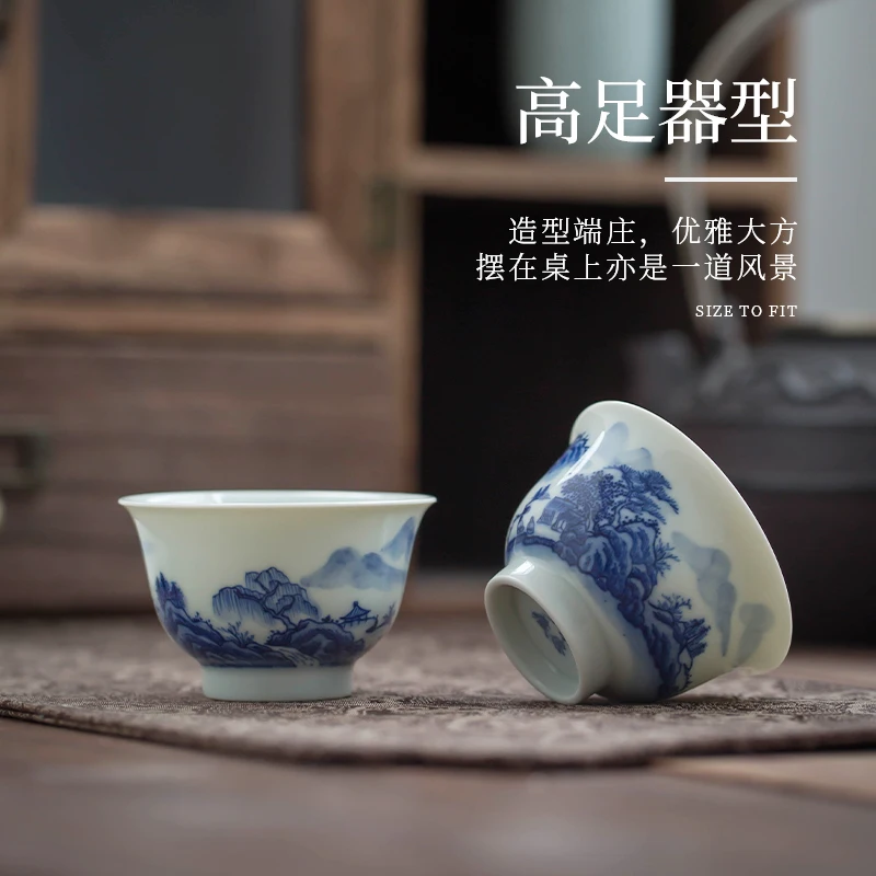 

Jingdezhen Handmade Hand Drawn Kung Fu Tea Cup Master Special Cup Single Ceramic Retro Blue and Whitelandscape Tea Cup