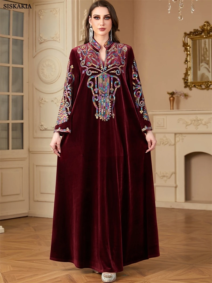 Siskakia Ramadan Muzułmanki Cekiny Patchwork Abayas Dubaj Złote Aksamitne Sukienki Marokańskie Eleganckie Casualowe Kebaya