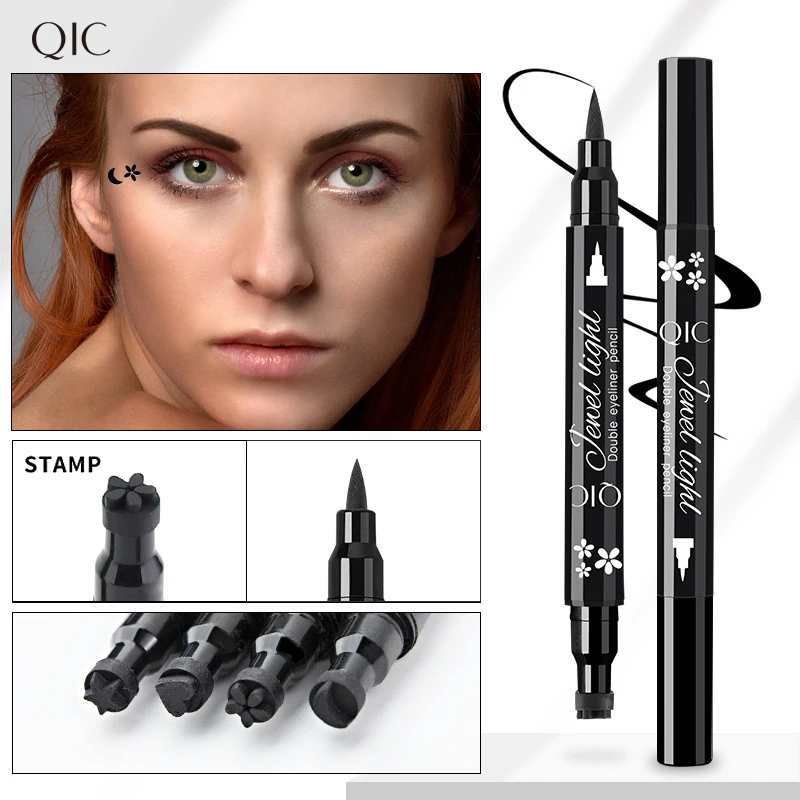 QIC Black Seal Eyeliner Pen Star + Moon Stamp Long-Lasting Eye Liner Pencil Eyes Makeup Cosmetics Waterproof Eyeliner Smiley