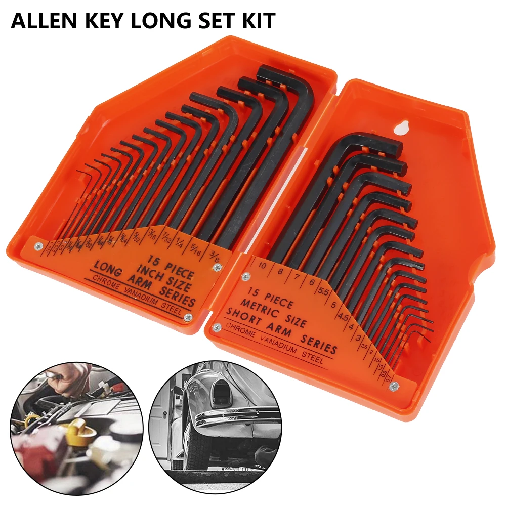 30pcs Allen Wrench L Shape Hex Key Set Long Arm Ball End for Bike Vehicle Repair Tool Hexagon Inch/Metric MM Portable Hand Tools