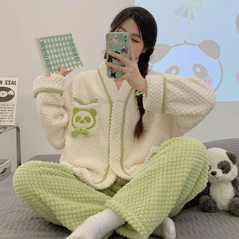 

Women's pajamas Comfortable Sleepwear Cotton Pajama Set winter autumn Coral Fleece Flannel Cute Panda Warm Thick Home Suit