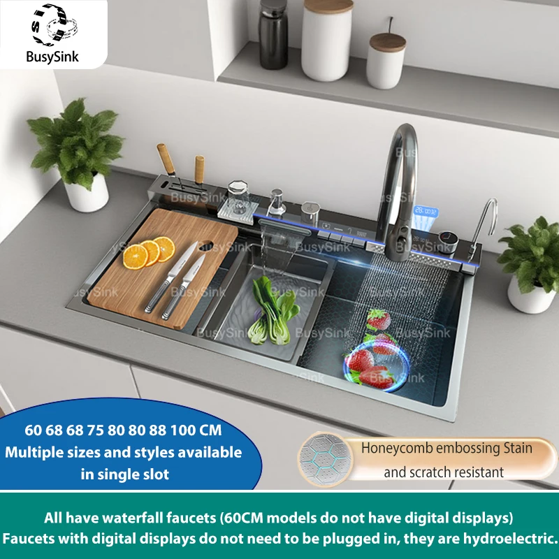 

Stainless Steel Waterfall Kitchen Sink Intelligent Digital Display Dishwash Sinks Large Single Slot Household Wash Dish Basin