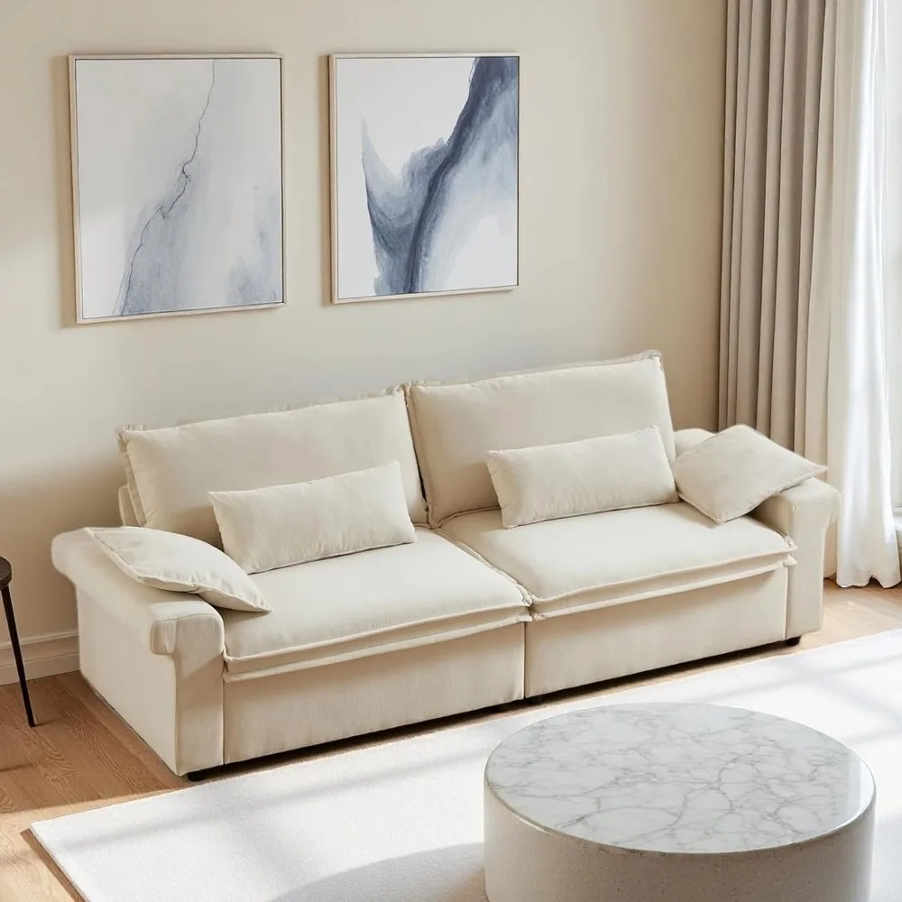 Sofá de 94 polegadas, sofá grande com braços largos, sofá moderno de 3 lugares com almofadas, tecido de chenille, almofada de assento profunda