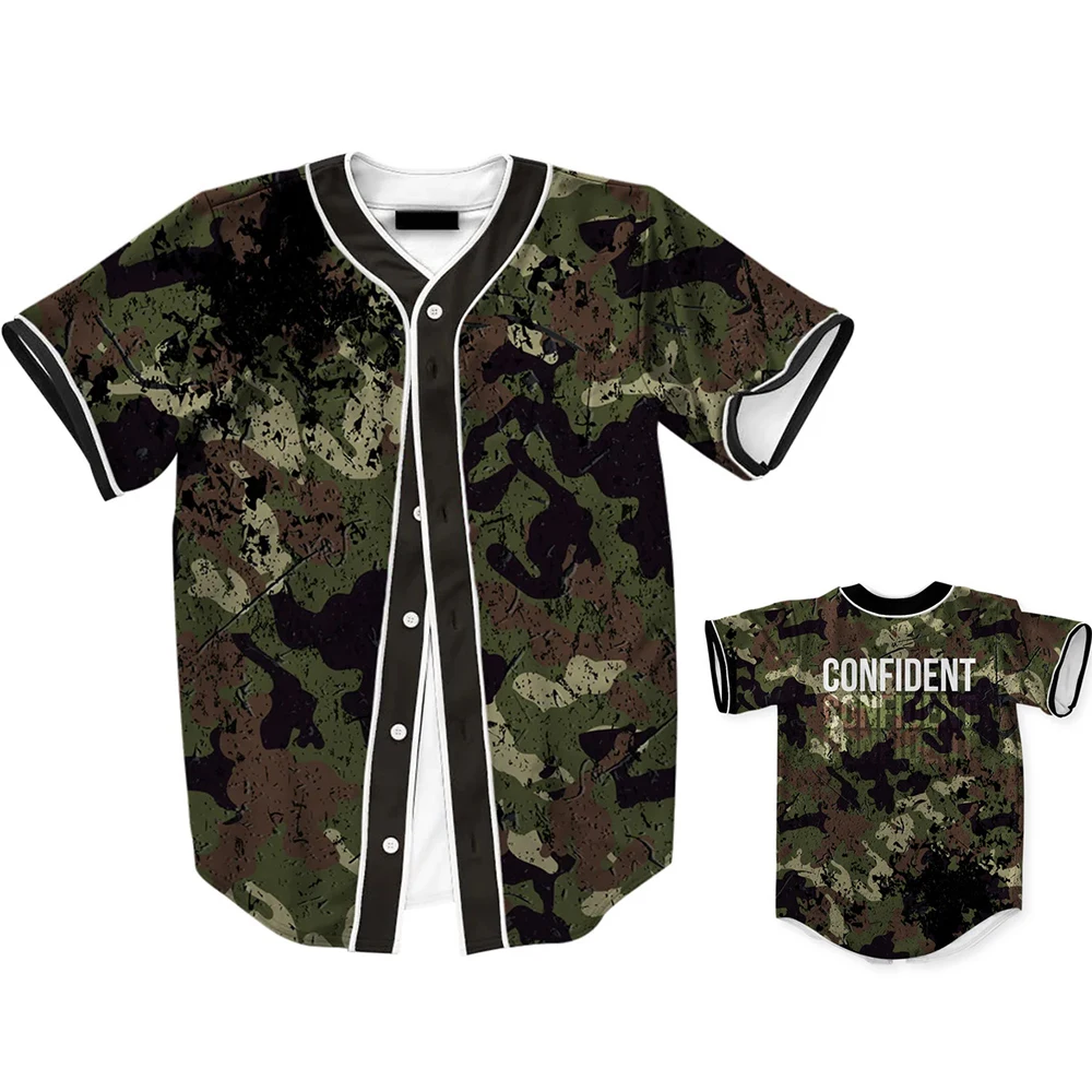 Camiseta de béisbol con botonadura simple, camisa de manga corta con estampado de la serie Camo, estilo universitario juvenil y Vitality, MB27