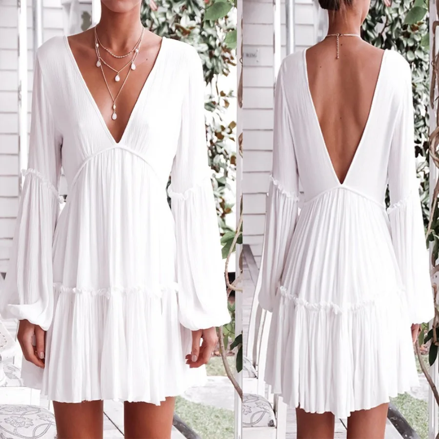 

【New style】2026 spring and summer - sexy European and American women's dress front and rear deep V-neck long sleeve lantern sl