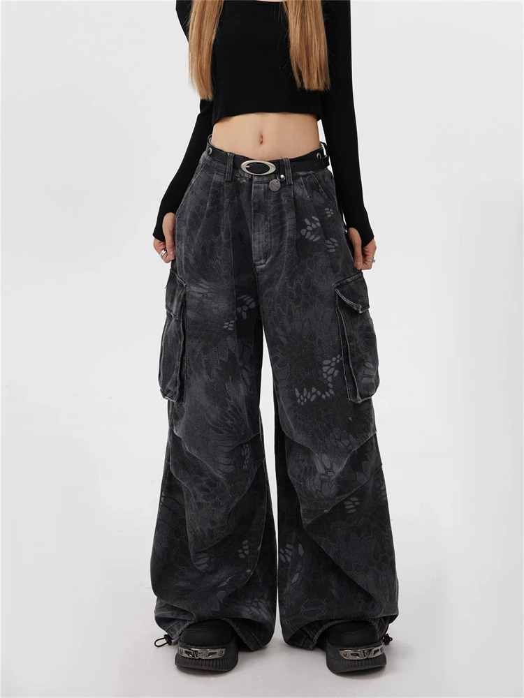 

Women's Retro Camouflage Snake Pattern Cargo Trousers Young Girl Street Bottoms Female High Waisted Vintage Wide-leg Pants