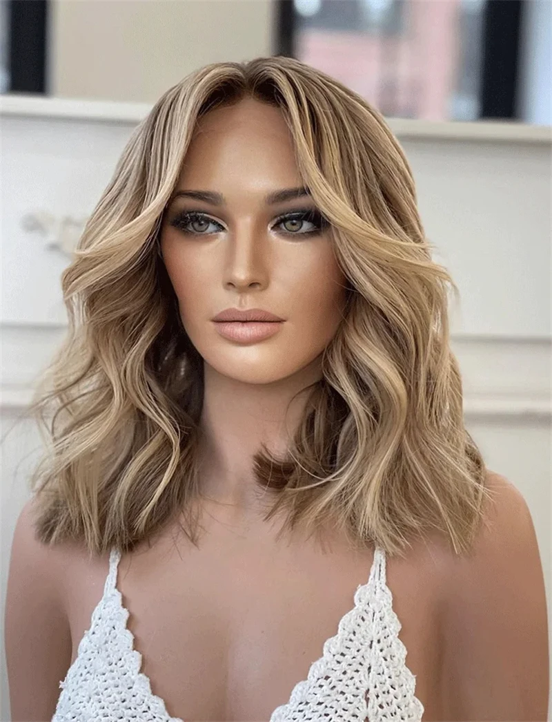 Ombre Brown Blonde Highlights Synthetic HD Lace Front Wig Party Daily Wigs Invisible HD Cheap Sale Easy to Wear Short Wave Bob