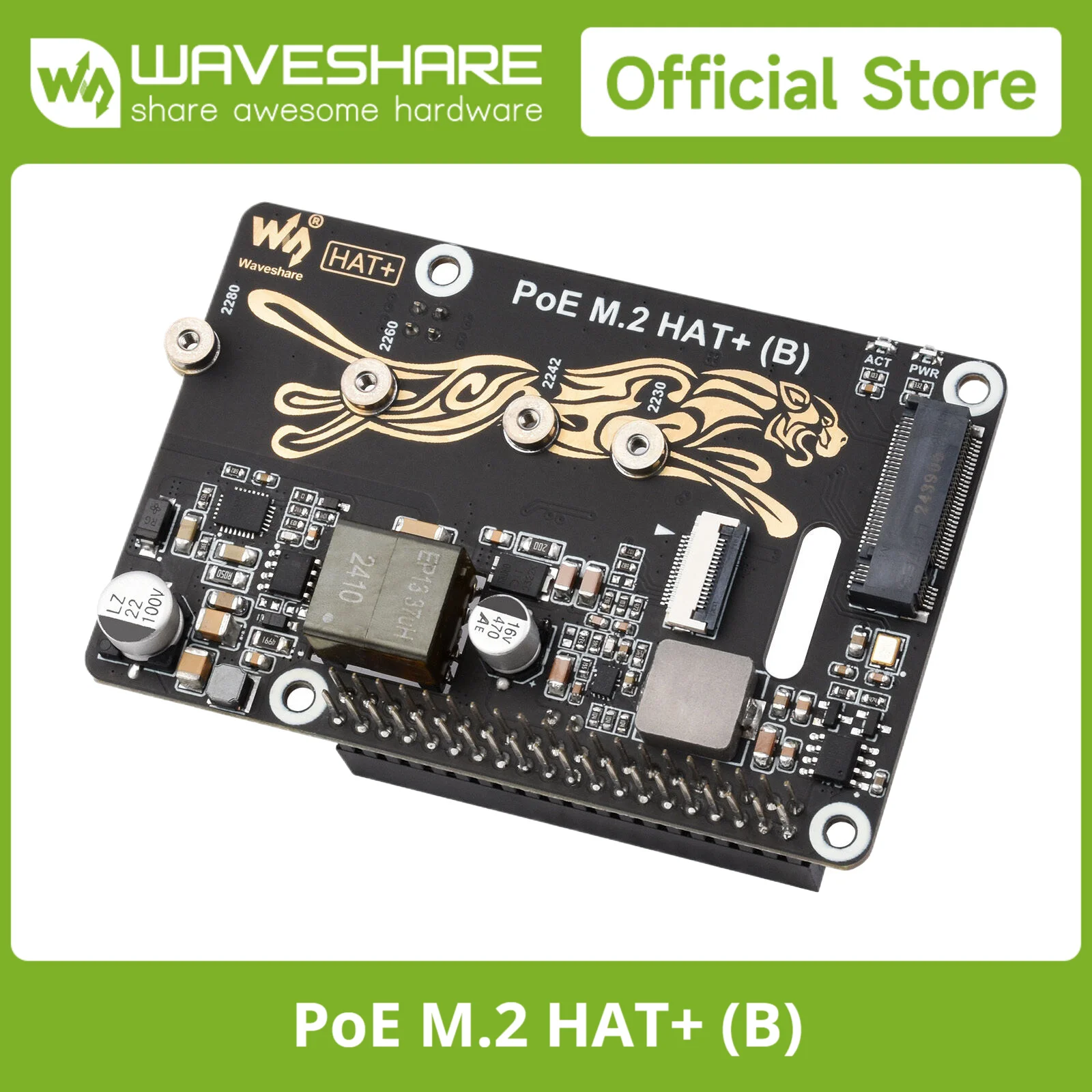 Waveshare PCIe To M.2 Adapter With PoE Function (B) For Raspberry Pi 5, Supports NVMe Protocol M.2 Solid State Drive High-speed