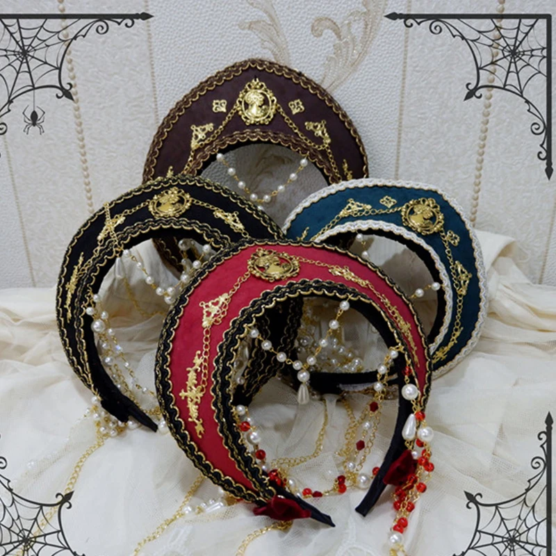 Medieval Royal Tudor Crown Lolita Gothic KC Crown Headband Handmade Renaissance Gorgeous Bead Chain Hair Jewelry Cosplay Hat